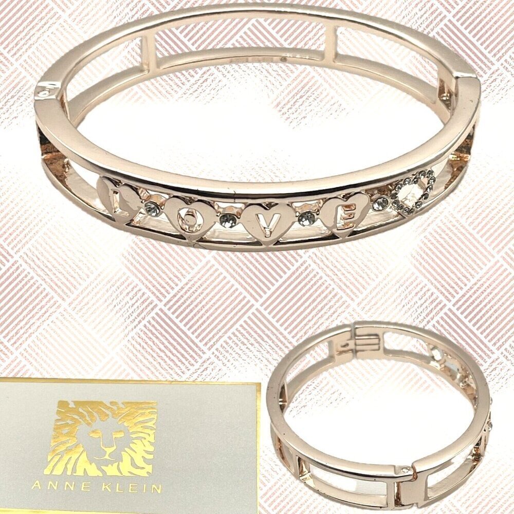 Anne Klein Rose-Gold Love Statement Hearts Crystal Accent Hinge Bangle Bracelet